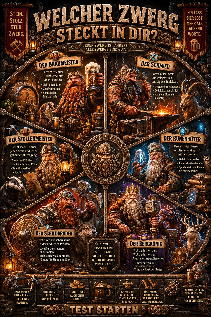 Poster: Welcher Zwerg steckt in dir? Sechs Zwergentypen im Rad angeordnet.